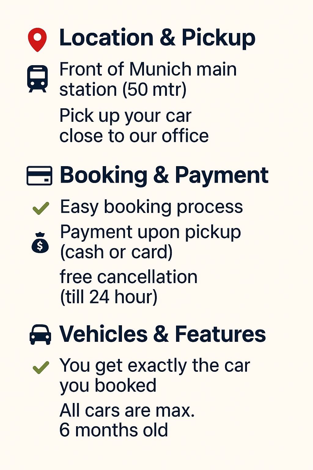 Location, Booking & Vehicles info card